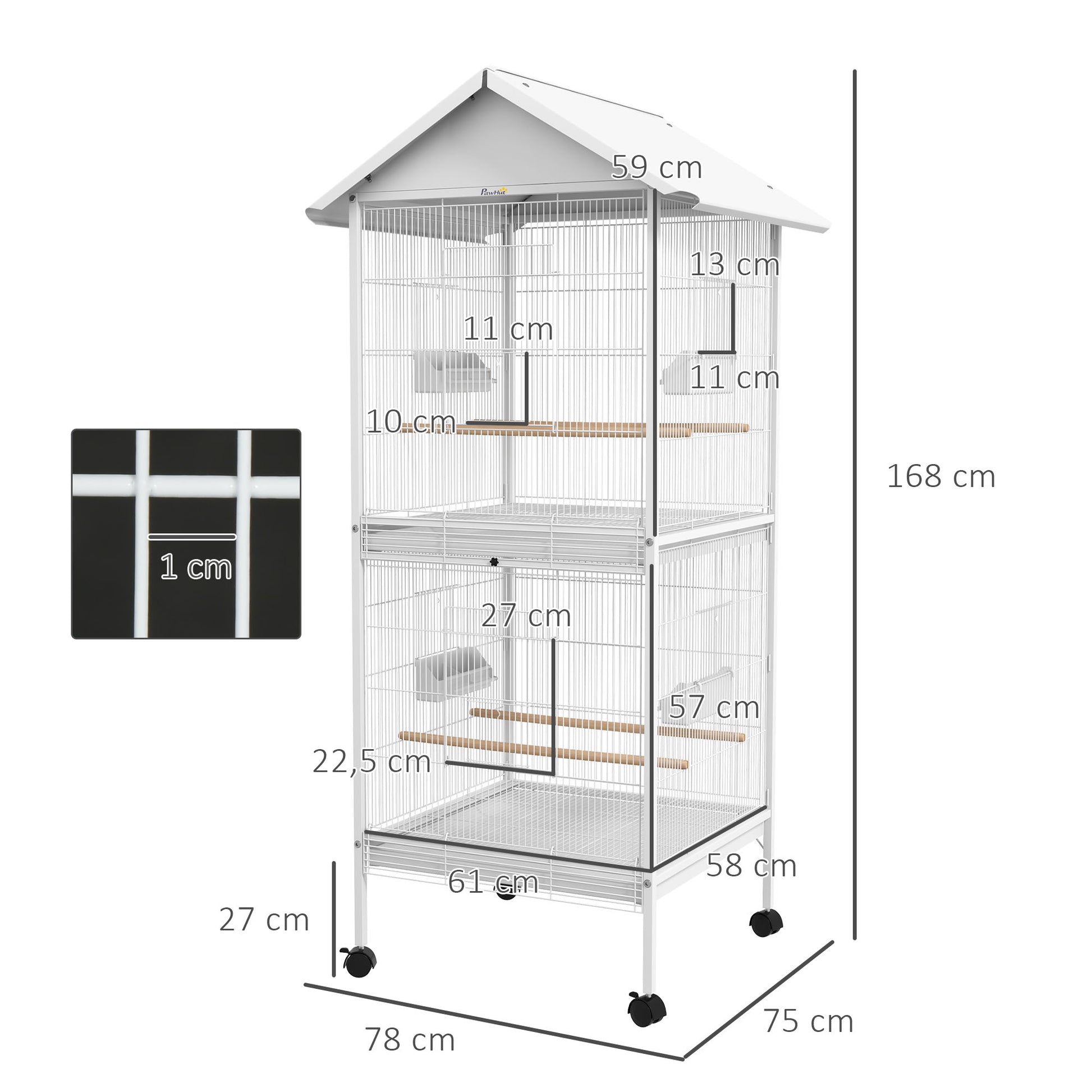 2-in-1 Large Bird Cage with 2 Floors Convertible into Single Cage with 4 Wheels 4 Feeders 4 Perches and Removable Trays for Canaries Parrots 78x75x168 cm White