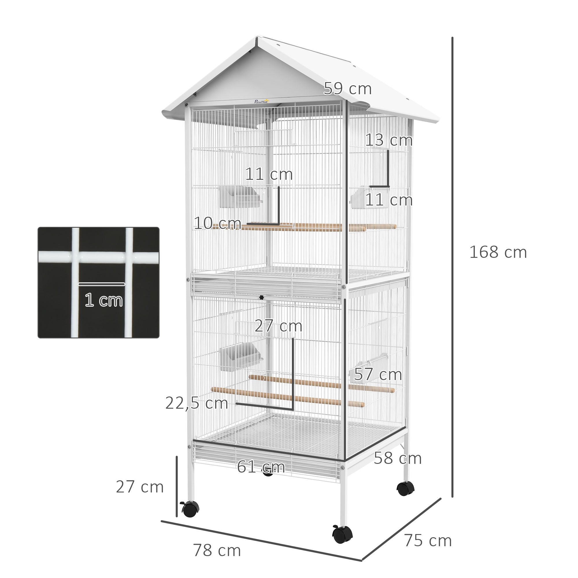 2-in-1 Large Bird Cage with 2 Floors Convertible into Single Cage with 4 Wheels 4 Feeders 4 Perches and Removable Trays for Canaries Parrots 78x75x168 cm White