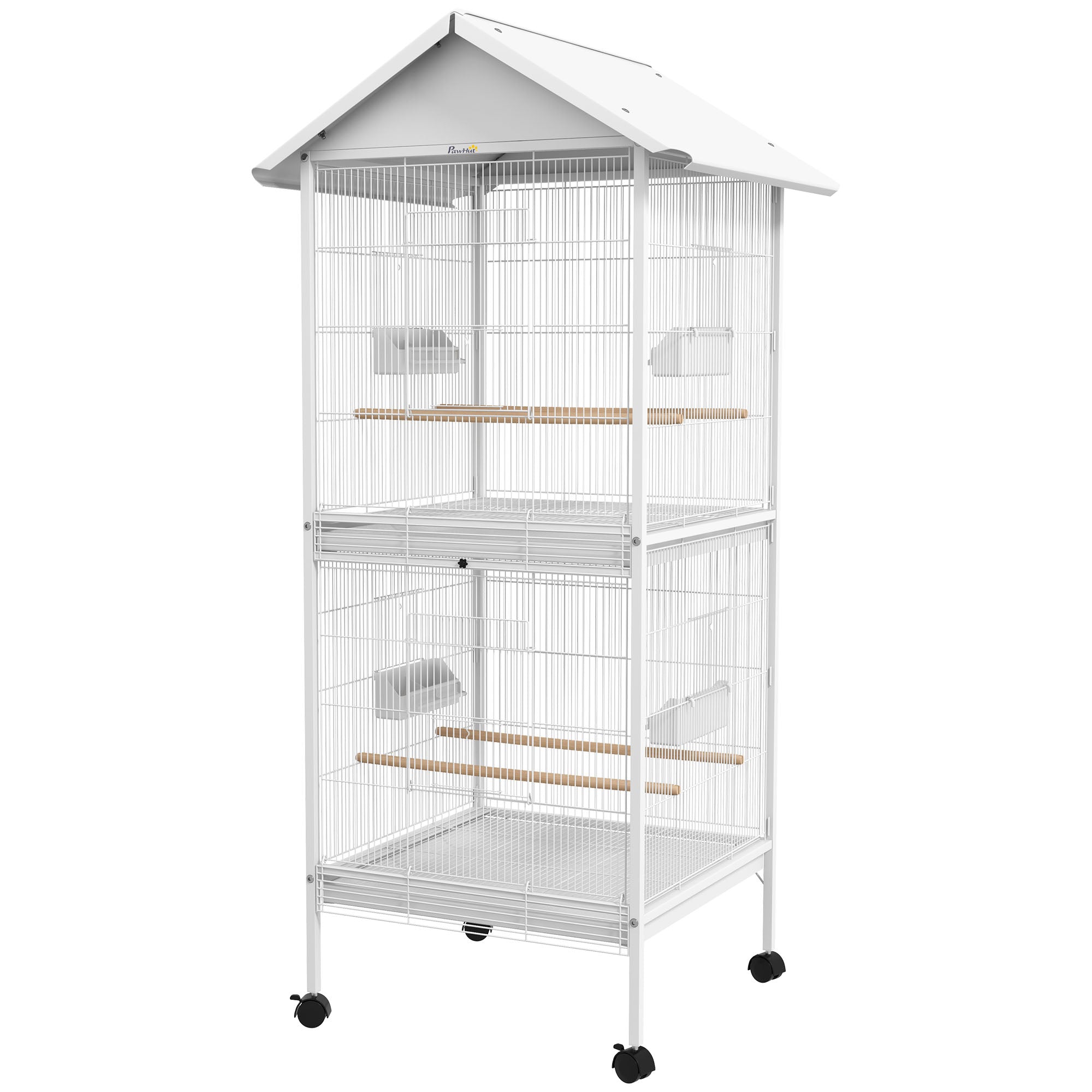 2-in-1 Large Bird Cage with 2 Floors Convertible into Single Cage with 4 Wheels 4 Feeders 4 Perches and Removable Trays for Canaries Parrots 78x75x168 cm White
