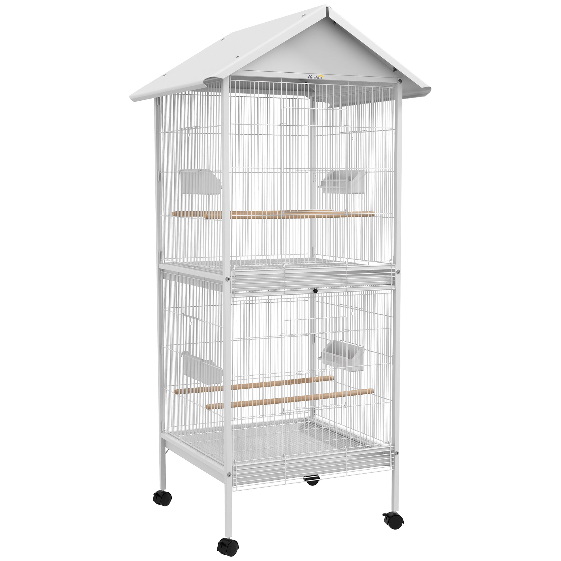 2-in-1 Large Bird Cage with 2 Floors Convertible into Single Cage with 4 Wheels 4 Feeders 4 Perches and Removable Trays for Canaries Parrots 78x75x168 cm White
