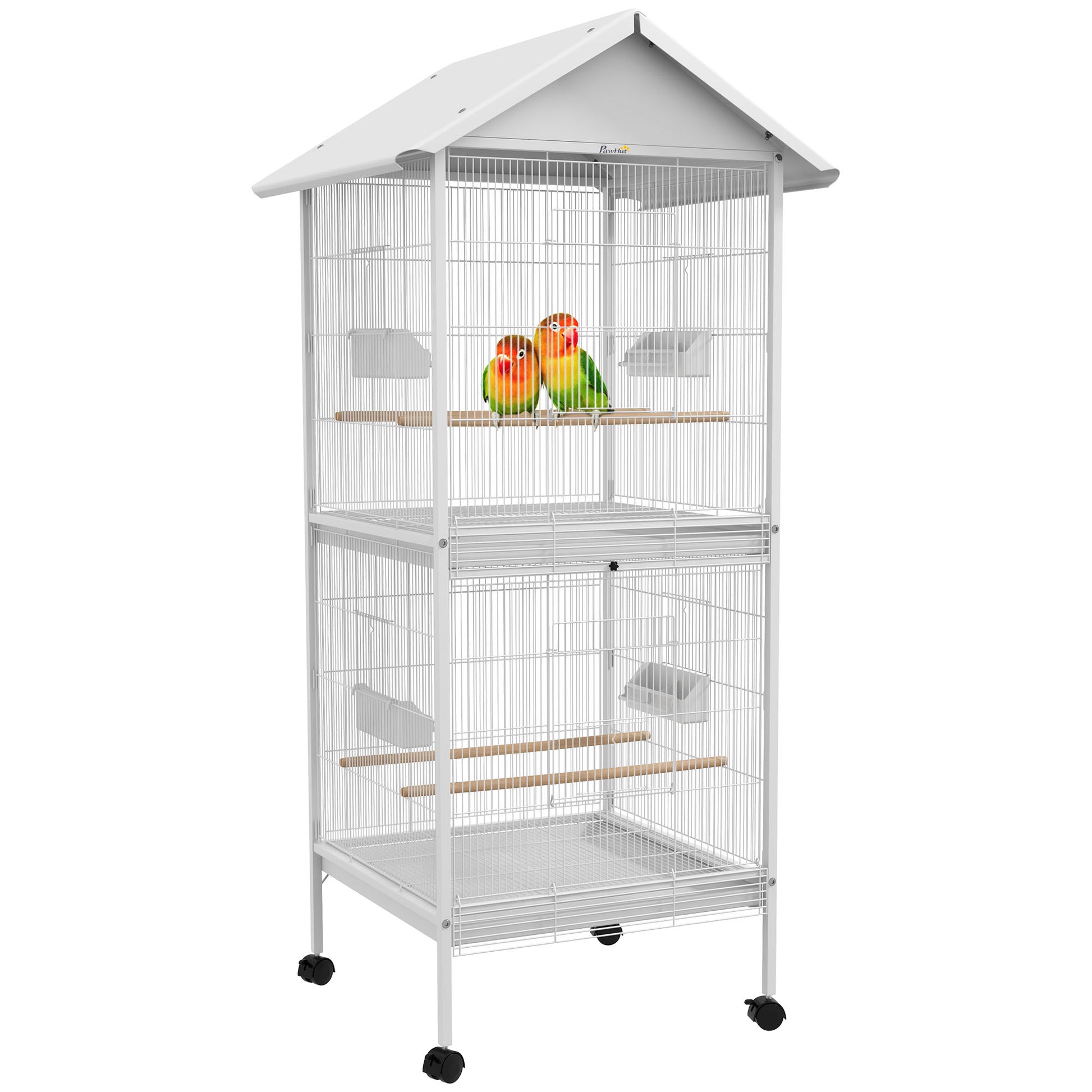 2-in-1 Large Bird Cage with 2 Floors Convertible into Single Cage with 4 Wheels 4 Feeders 4 Perches and Removable Trays for Canaries Parrots 78x75x168 cm White