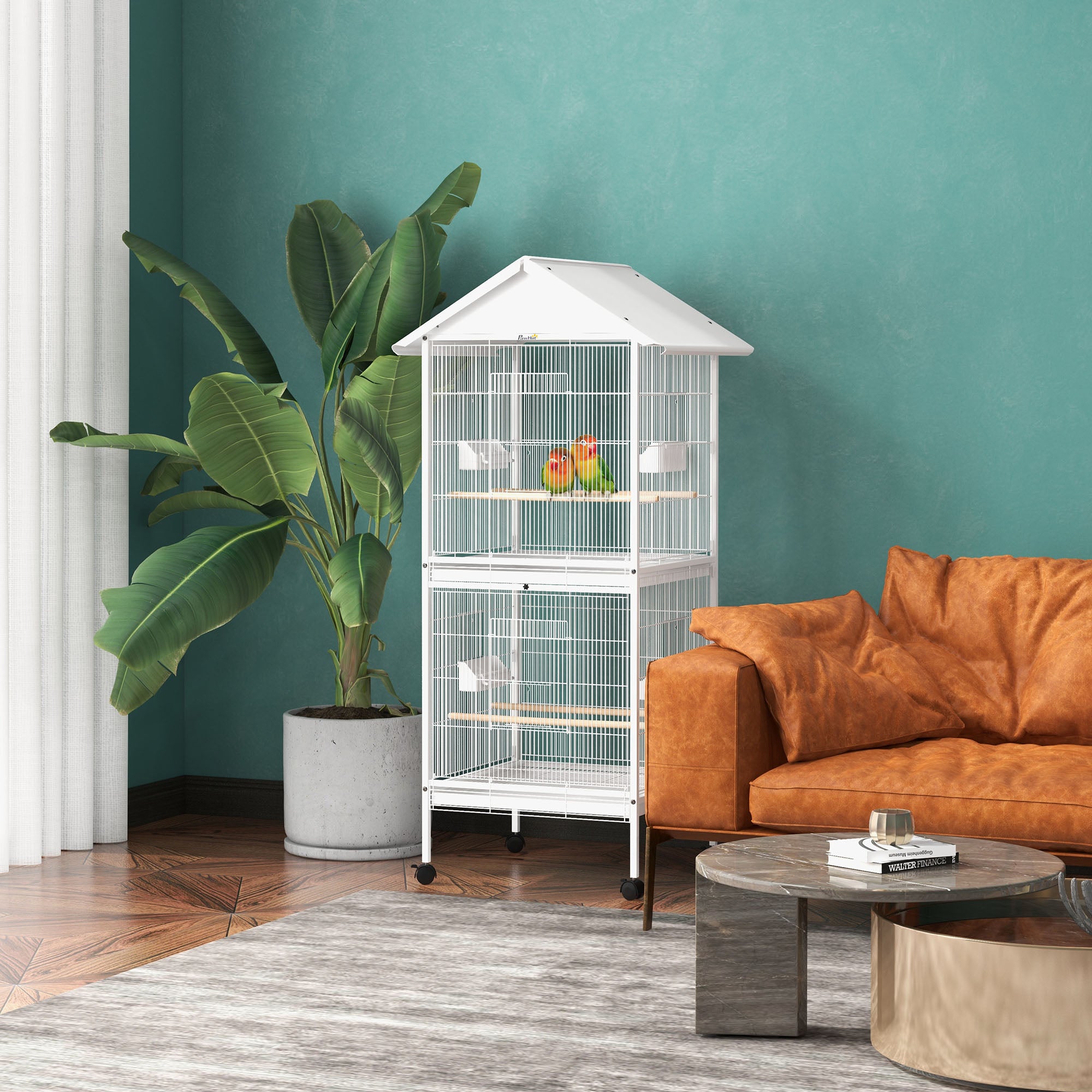 2-in-1 Large Bird Cage with 2 Floors Convertible into Single Cage with 4 Wheels 4 Feeders 4 Perches and Removable Trays for Canaries Parrots 78x75x168 cm White
