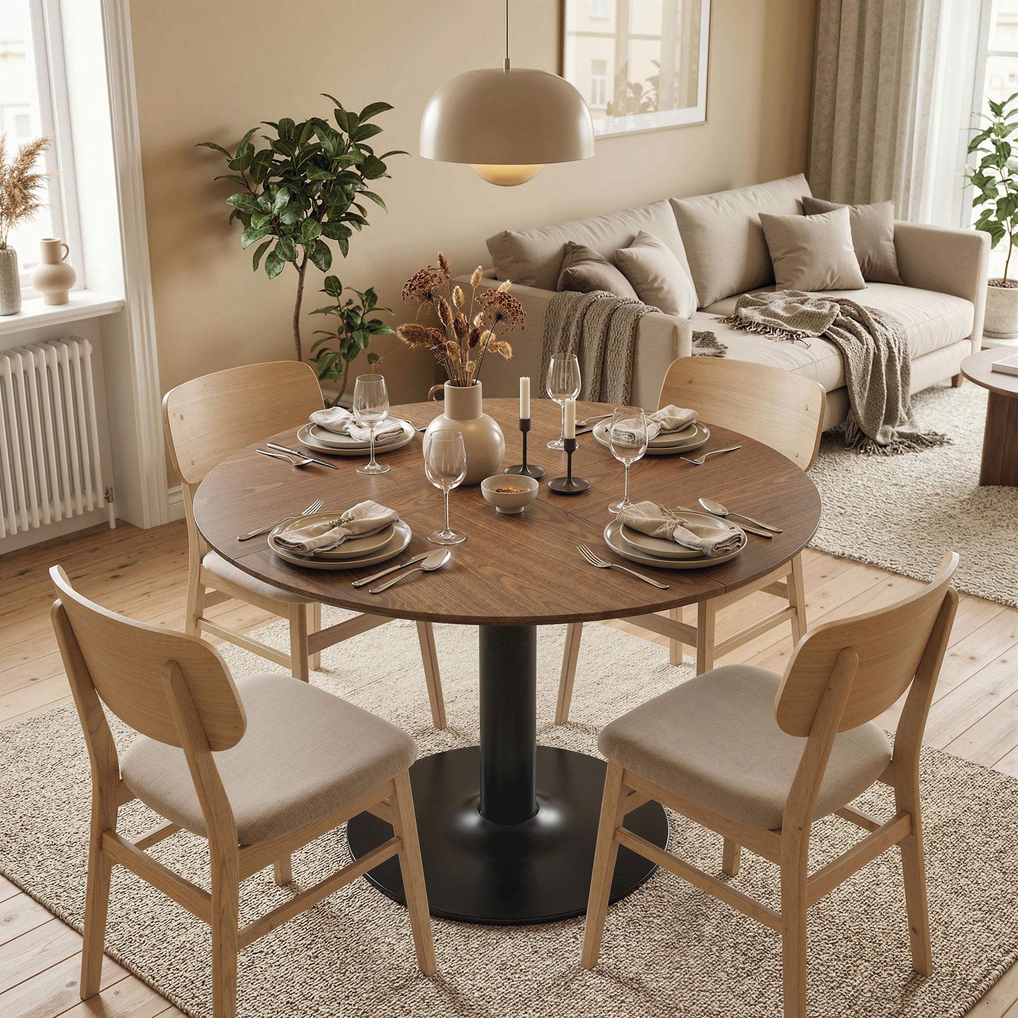 Round Dining Table for 6 — Ø 110 x 78 cm (43.3" Ø x 30.7" H), Large Top with Steel Base, Modern, Brown