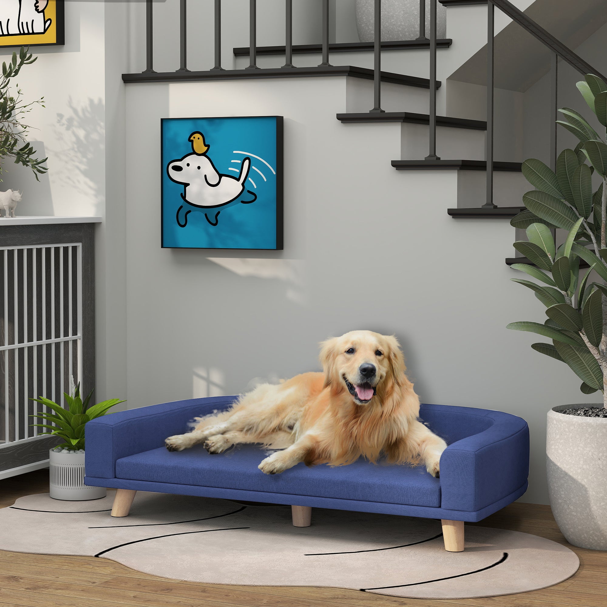 Dog Sofa Bed with Removable & Washable Cushion Cover, Scandinavian Polyester Fabric with Wooden Legs, 98 x 67 x 25 cm (38.6 x 26.4 x 9.8 in) - Blue