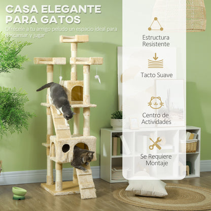Cat Scratching Tree Large 49x49x173 cm with Multiple Levels with Caves Stairs Hanging Toys Beds Activity Center Sisal Beige