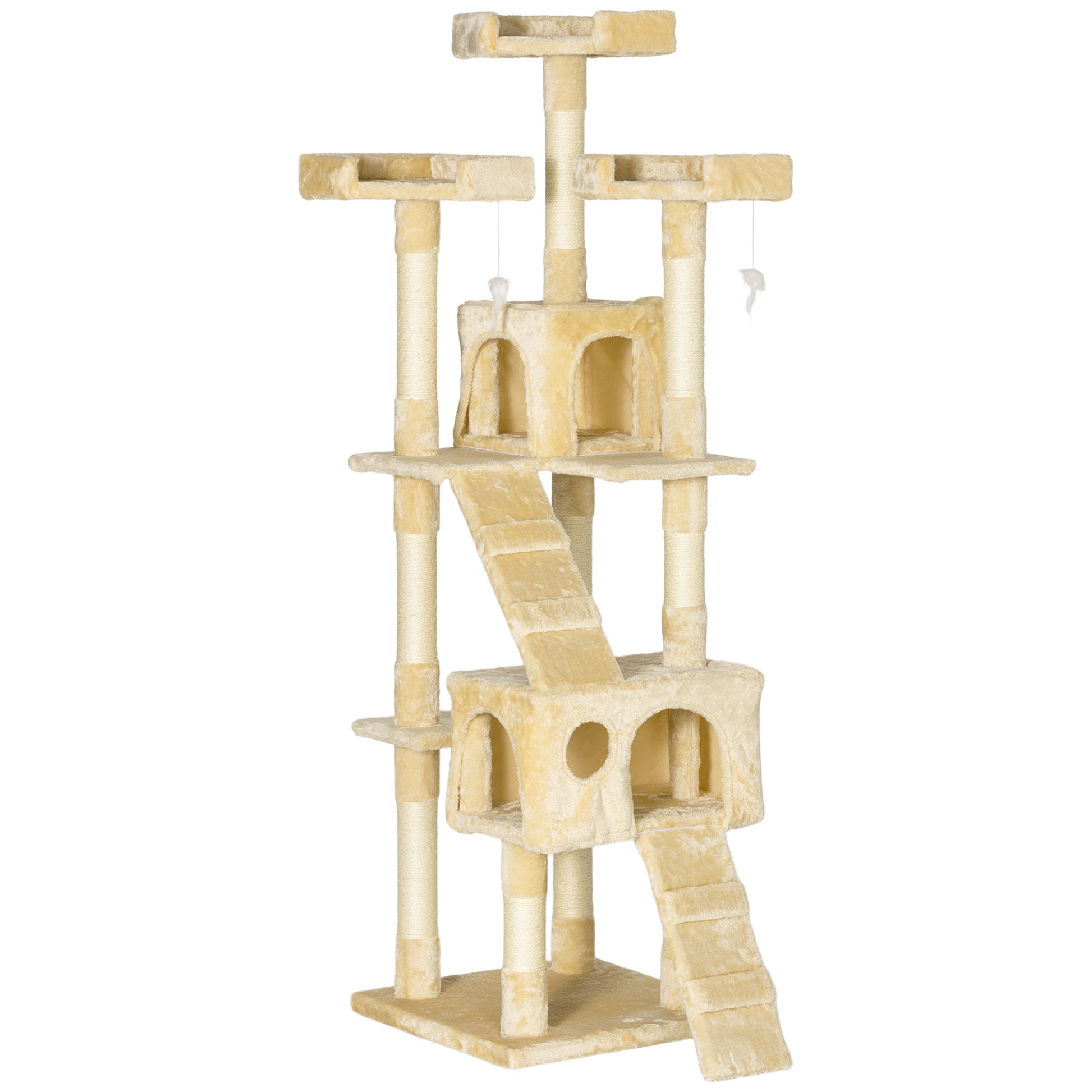 Cat Scratching Tree Large 49x49x173 cm with Multiple Levels with Caves Stairs Hanging Toys Beds Activity Center Sisal Beige