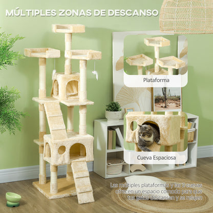 Cat Scratching Tree Large 49x49x173 cm with Multiple Levels with Caves Stairs Hanging Toys Beds Activity Center Sisal Beige