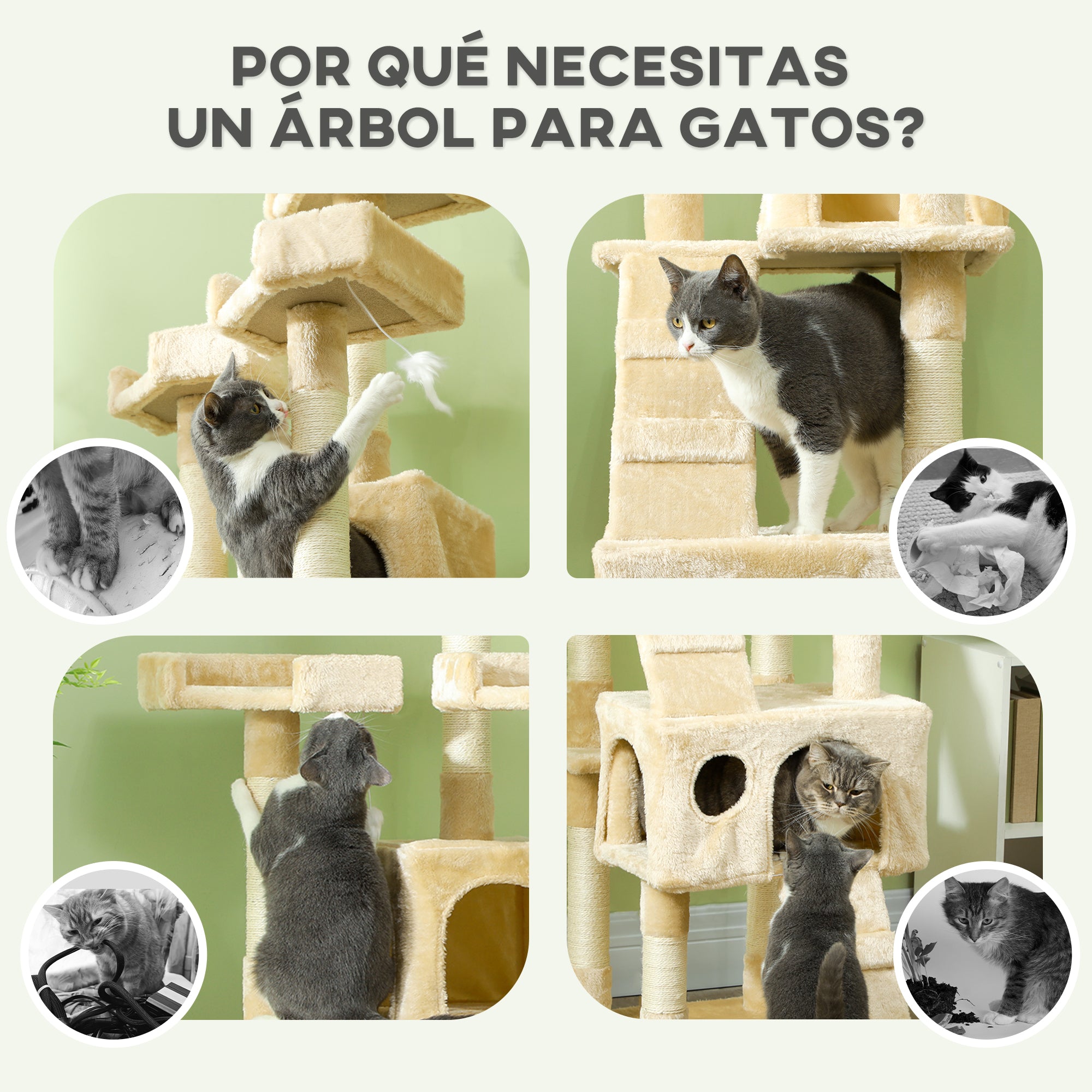 Cat Scratching Tree Large 49x49x173 cm with Multiple Levels with Caves Stairs Hanging Toys Beds Activity Center Sisal Beige