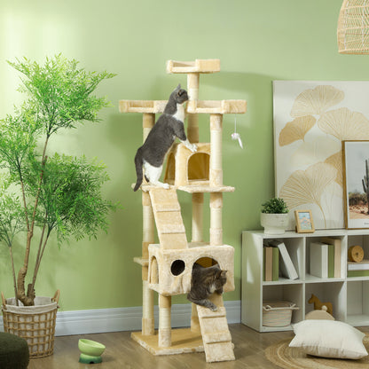 Cat Scratching Tree Large 49x49x173 cm with Multiple Levels with Caves Stairs Hanging Toys Beds Activity Center Sisal Beige