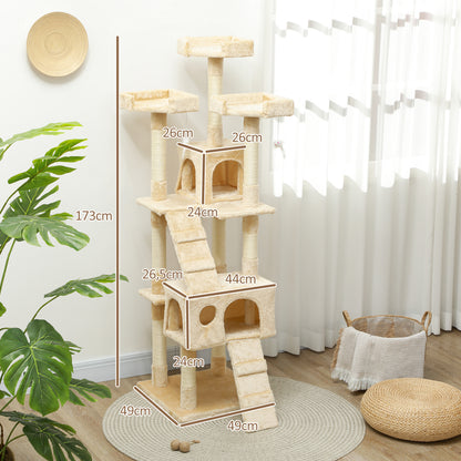 Cat Scratching Tree Large 49x49x173 cm with Multiple Levels with Caves Stairs Hanging Toys Beds Activity Center Sisal Beige