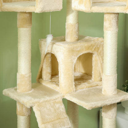 Cat Scratching Tree Large 49x49x173 cm with Multiple Levels with Caves Stairs Hanging Toys Beds Activity Center Sisal Beige