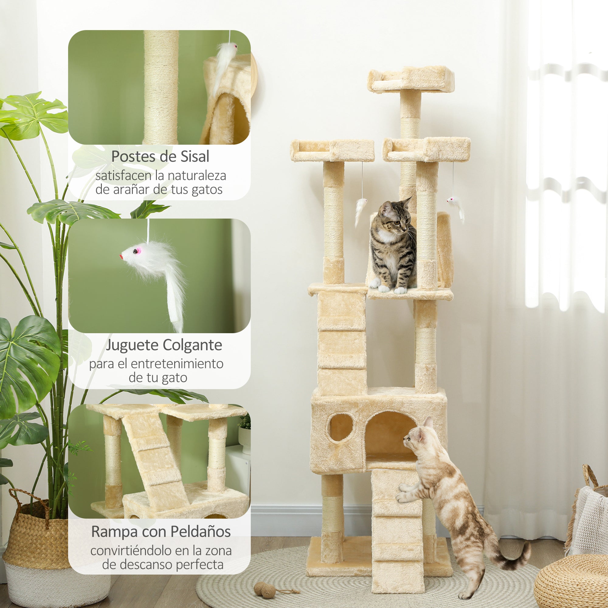 Cat Scratching Tree Large 49x49x173 cm with Multiple Levels with Caves Stairs Hanging Toys Beds Activity Center Sisal Beige