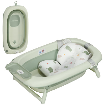 Foldable Baby Bathtub with Bath Cushion, Foldable Baby Tub with Stand, Non-slip Baby Tub, Bath Basin, Shower Tray for Toddlers 0-3 Years, Green