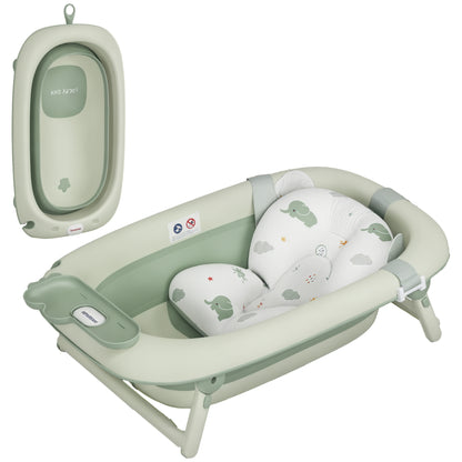 Foldable Baby Bathtub with Bath Cushion, Foldable Baby Tub with Stand, Non-slip Baby Tub, Bath Basin, Shower Tray for Toddlers 0-3 Years, Green