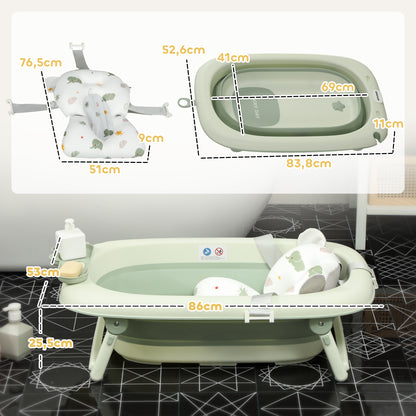 Foldable Baby Bathtub with Bath Cushion, Foldable Baby Tub with Stand, Non-slip Baby Tub, Bath Basin, Shower Tray for Toddlers 0-3 Years, Green