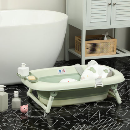 Foldable Baby Bathtub with Bath Cushion, Foldable Baby Tub with Stand, Non-slip Baby Tub, Bath Basin, Shower Tray for Toddlers 0-3 Years, Green