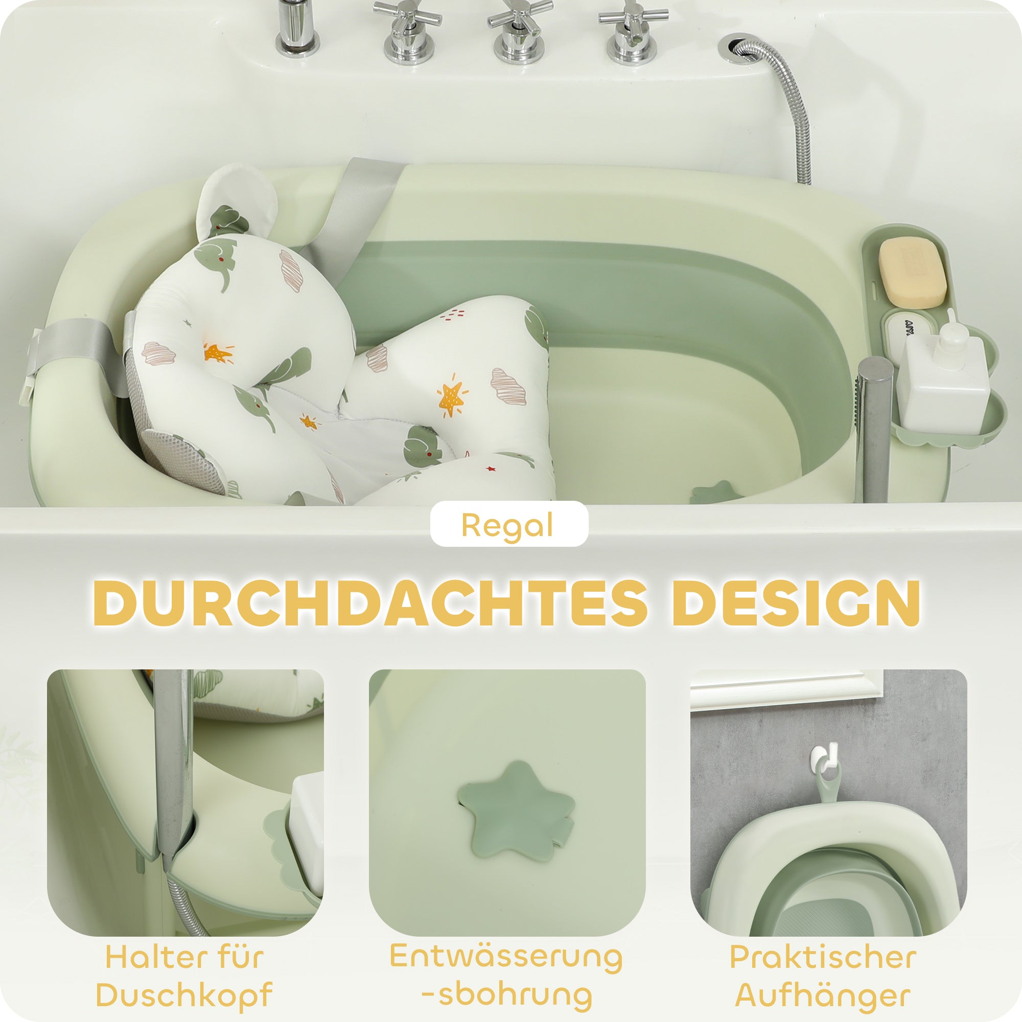 Foldable Baby Bathtub with Bath Cushion, Foldable Baby Tub with Stand, Non-slip Baby Tub, Bath Basin, Shower Tray for Toddlers 0-3 Years, Green