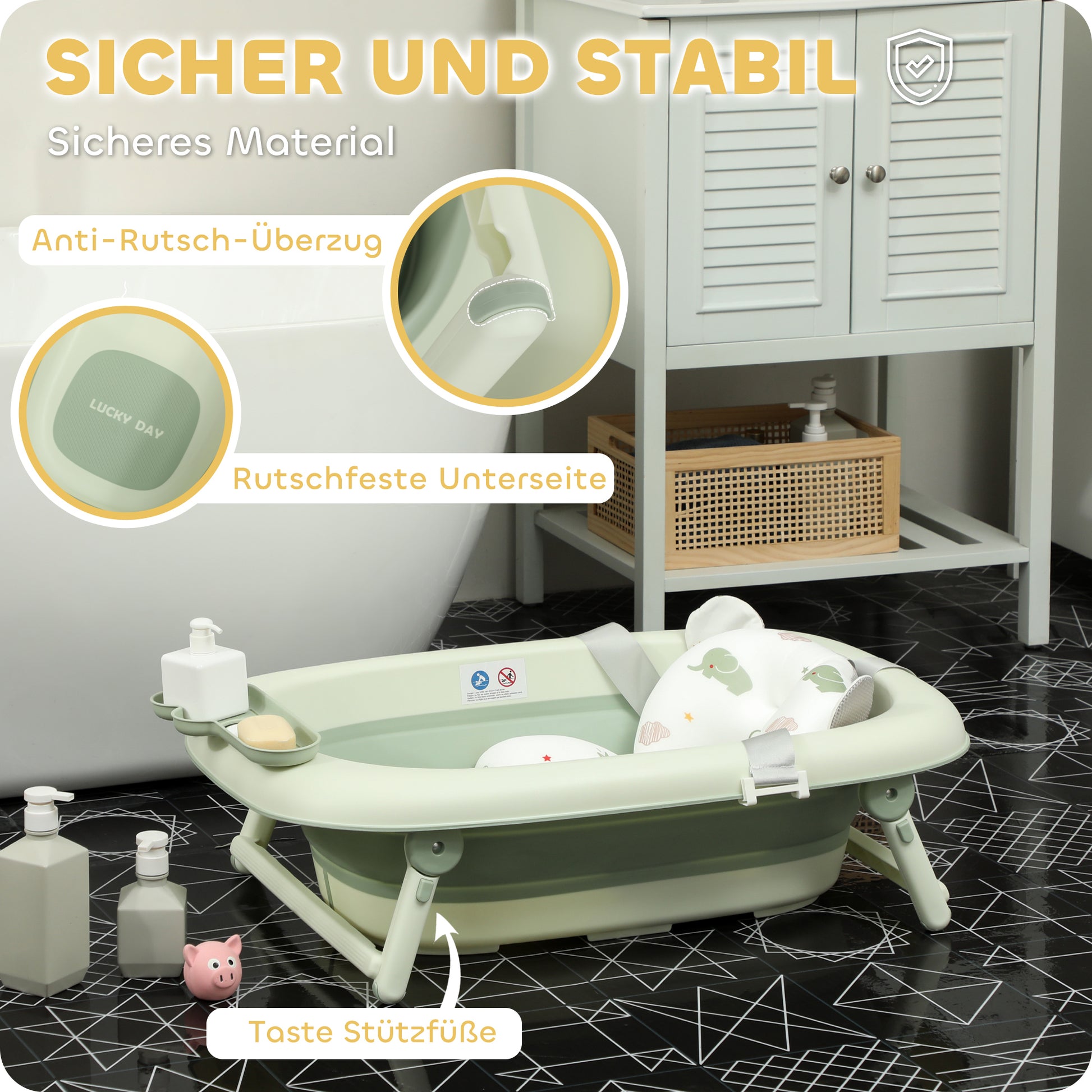 Foldable Baby Bathtub with Bath Cushion, Foldable Baby Tub with Stand, Non-slip Baby Tub, Bath Basin, Shower Tray for Toddlers 0-3 Years, Green