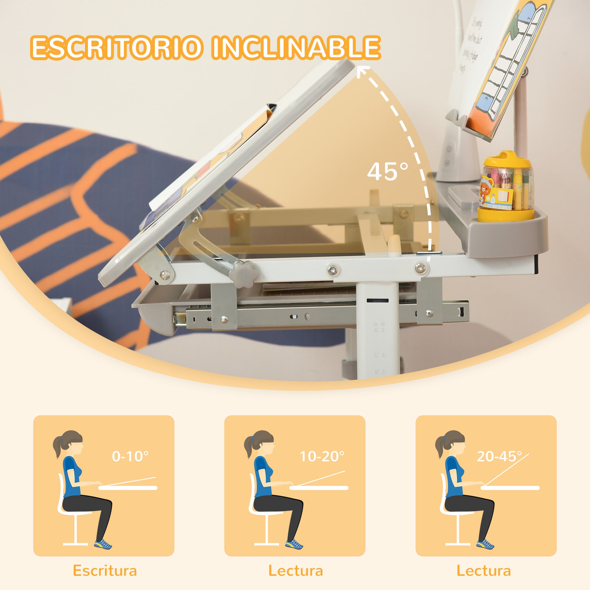 Children's Desk and Chair Set for +6 Years Kids Adjustable Height Children's Desk with Tilt Table Lamp Drawer and Bookshelf Gray