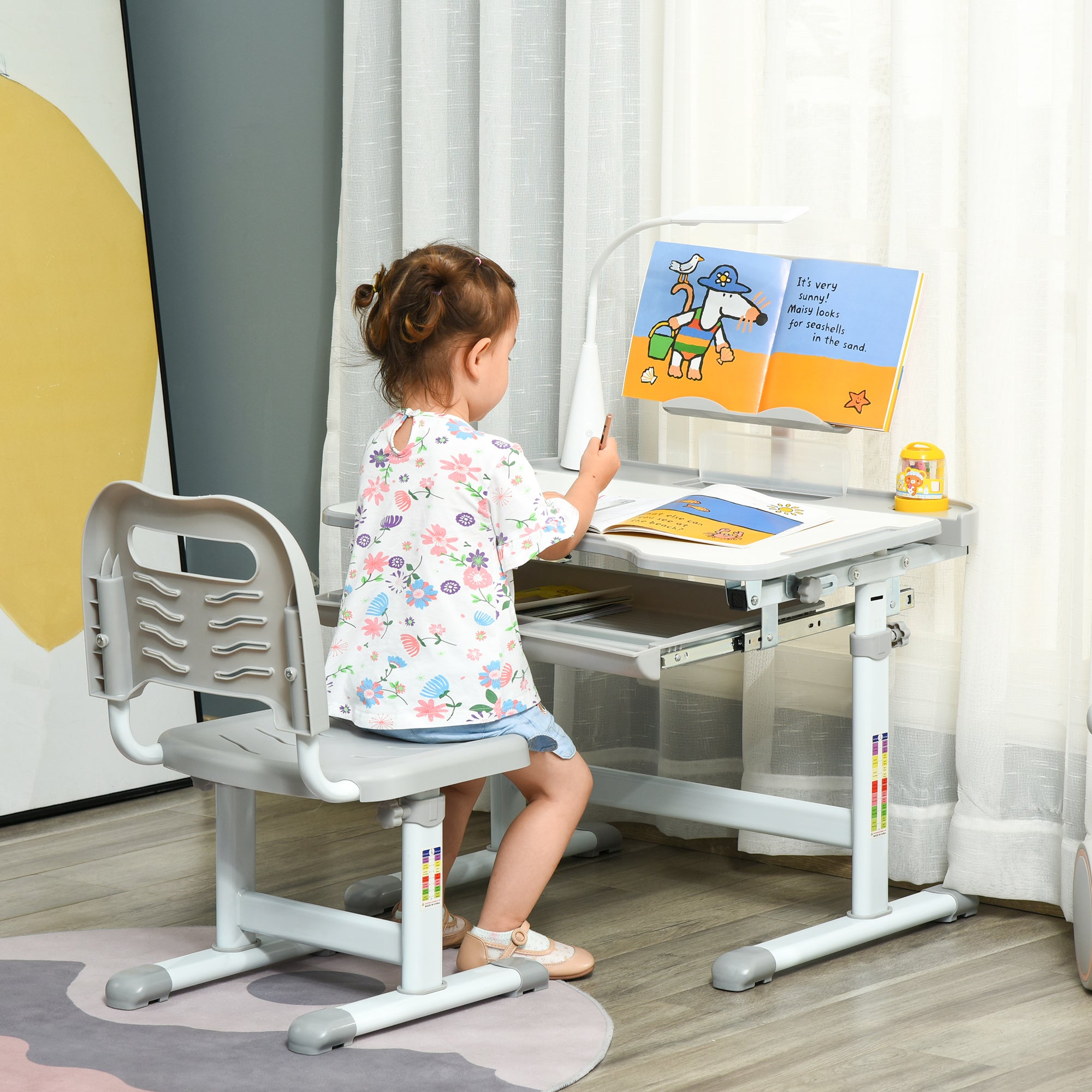 Children's Desk and Chair Set for +6 Years Kids Adjustable Height Children's Desk with Tilt Table Lamp Drawer and Bookshelf Gray