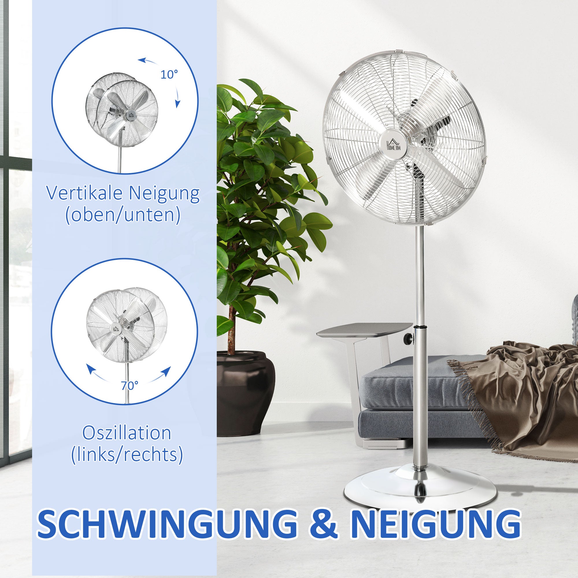 120 cm Stand Fan, Fan, Adjustable Height Fan, 3 Speeds, Adjustable Tilt Angle, Steel, Silver