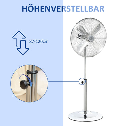 120 cm Stand Fan, Fan, Adjustable Height Fan, 3 Speeds, Adjustable Tilt Angle, Steel, Silver