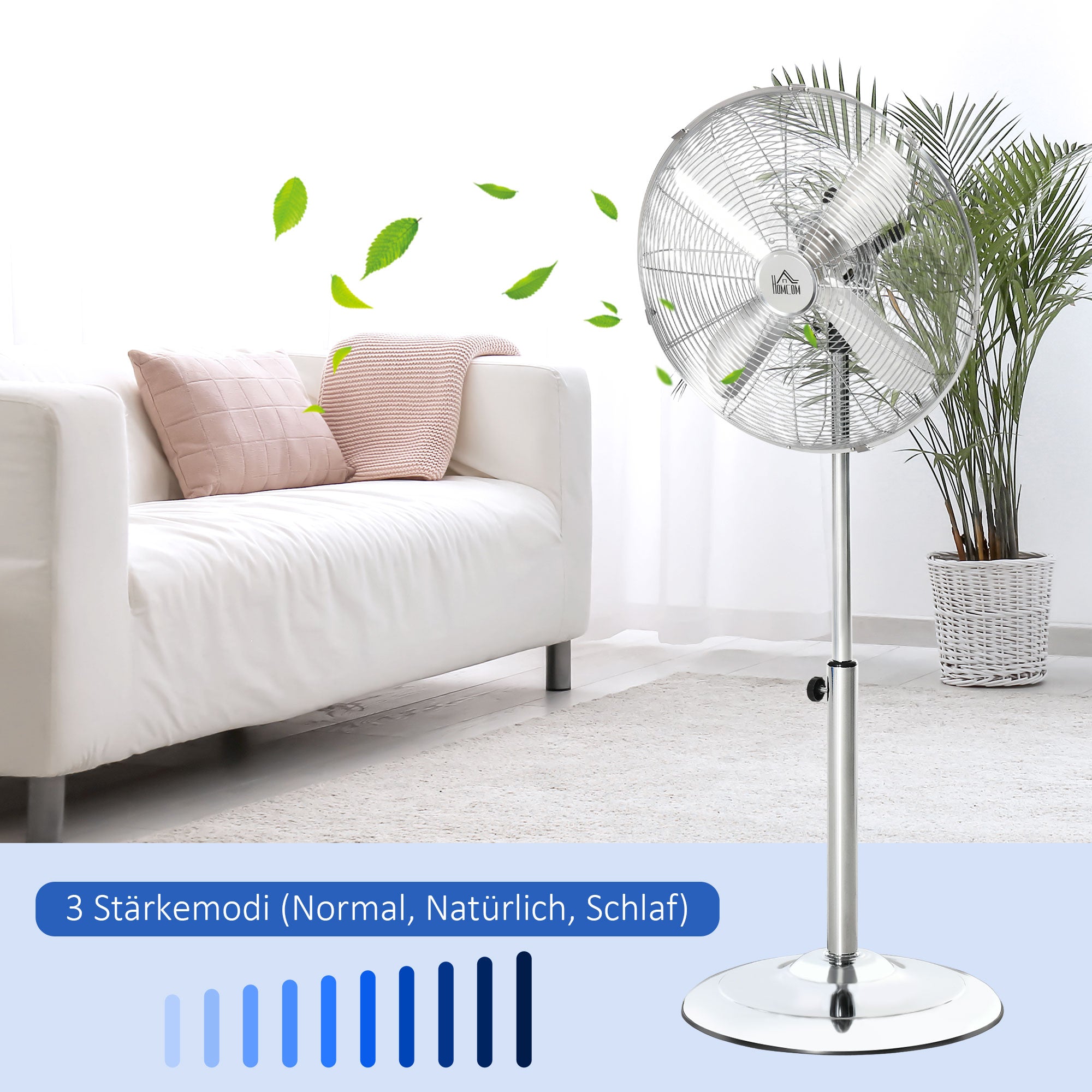 120 cm Stand Fan, Fan, Adjustable Height Fan, 3 Speeds, Adjustable Tilt Angle, Steel, Silver