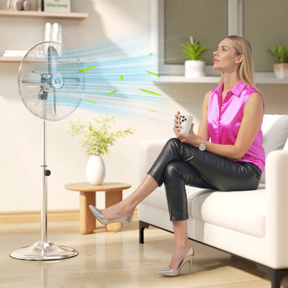 120 cm Stand Fan, Fan, Adjustable Height Fan, 3 Speeds, Adjustable Tilt Angle, Steel, Silver