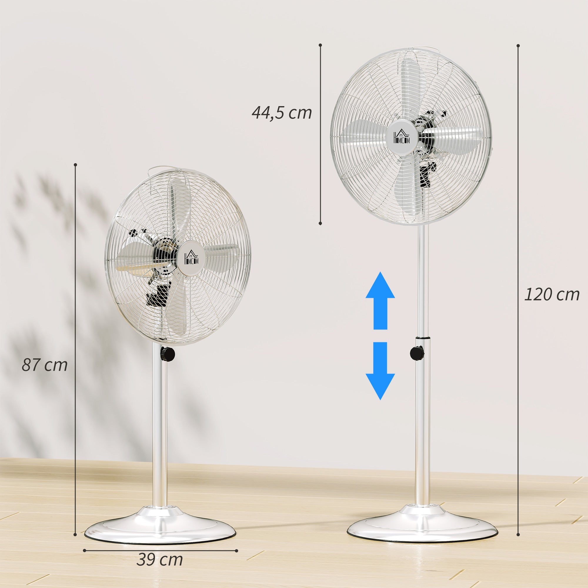 120 cm Stand Fan, Fan, Adjustable Height Fan, 3 Speeds, Adjustable Tilt Angle, Steel, Silver