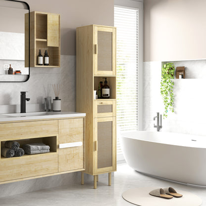 Bathroom Cabinet, Bathroom Storage Column, with Rattan Doors, Open Shelf, Drawer, 2 Cupboards, 32 x 30 x 170 cm, Oak Effect