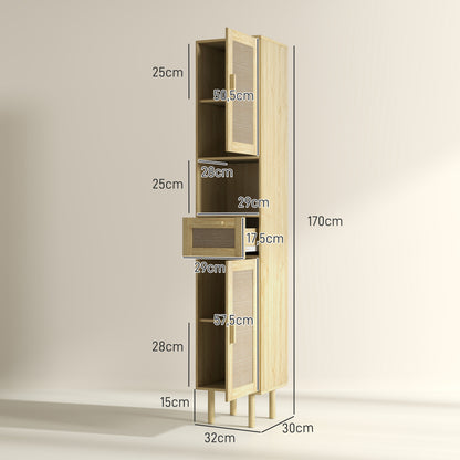 Bathroom Cabinet, Bathroom Storage Column, with Rattan Doors, Open Shelf, Drawer, 2 Cupboards, 32 x 30 x 170 cm, Oak Effect