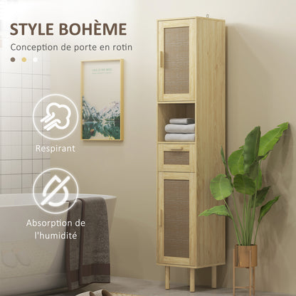 Bathroom Cabinet, Bathroom Storage Column, with Rattan Doors, Open Shelf, Drawer, 2 Cupboards, 32 x 30 x 170 cm, Oak Effect