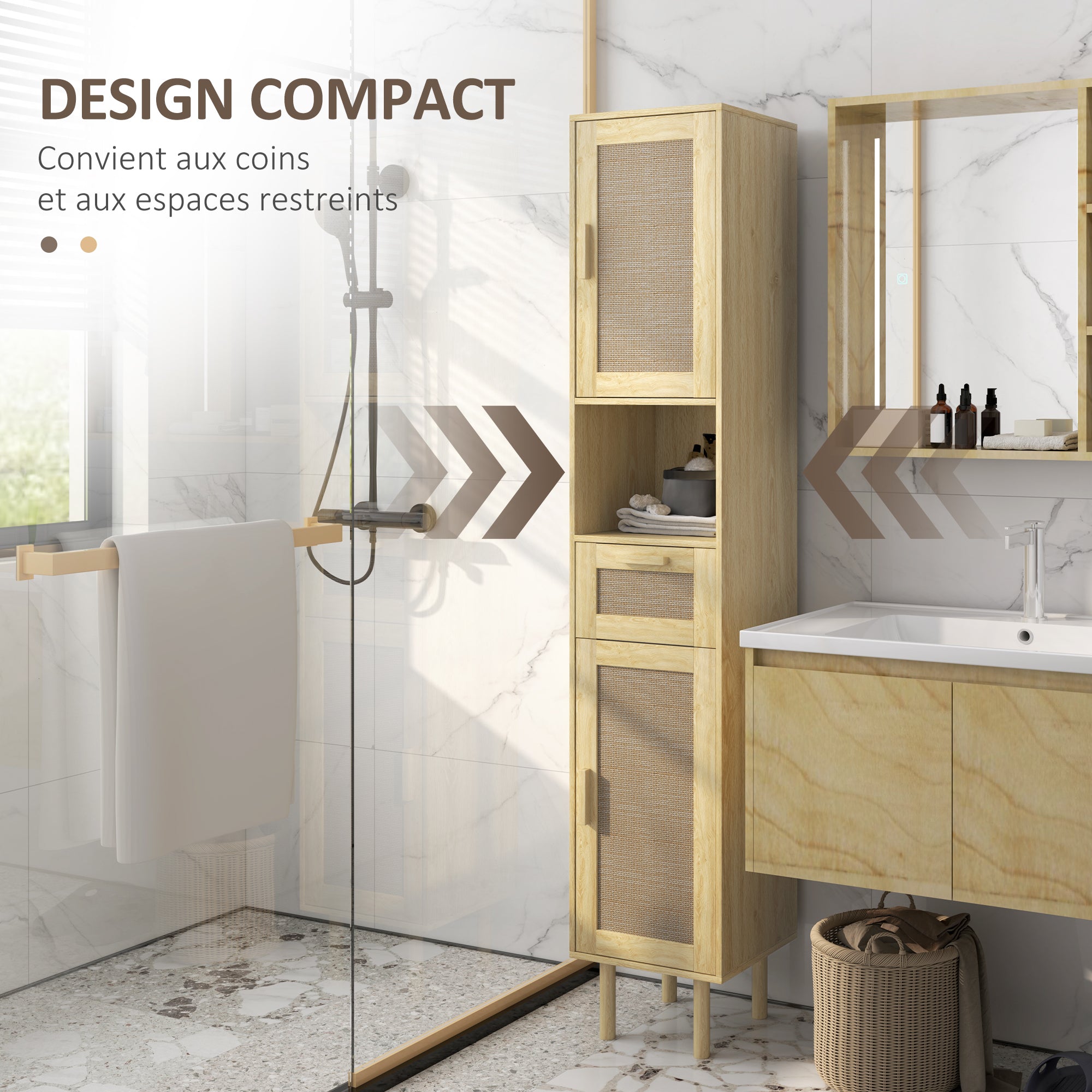 Bathroom Cabinet, Bathroom Storage Column, with Rattan Doors, Open Shelf, Drawer, 2 Cupboards, 32 x 30 x 170 cm, Oak Effect