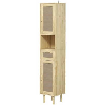 Bathroom Cabinet, Bathroom Storage Column, with Rattan Doors, Open Shelf, Drawer, 2 Cupboards, 32 x 30 x 170 cm, Oak Effect