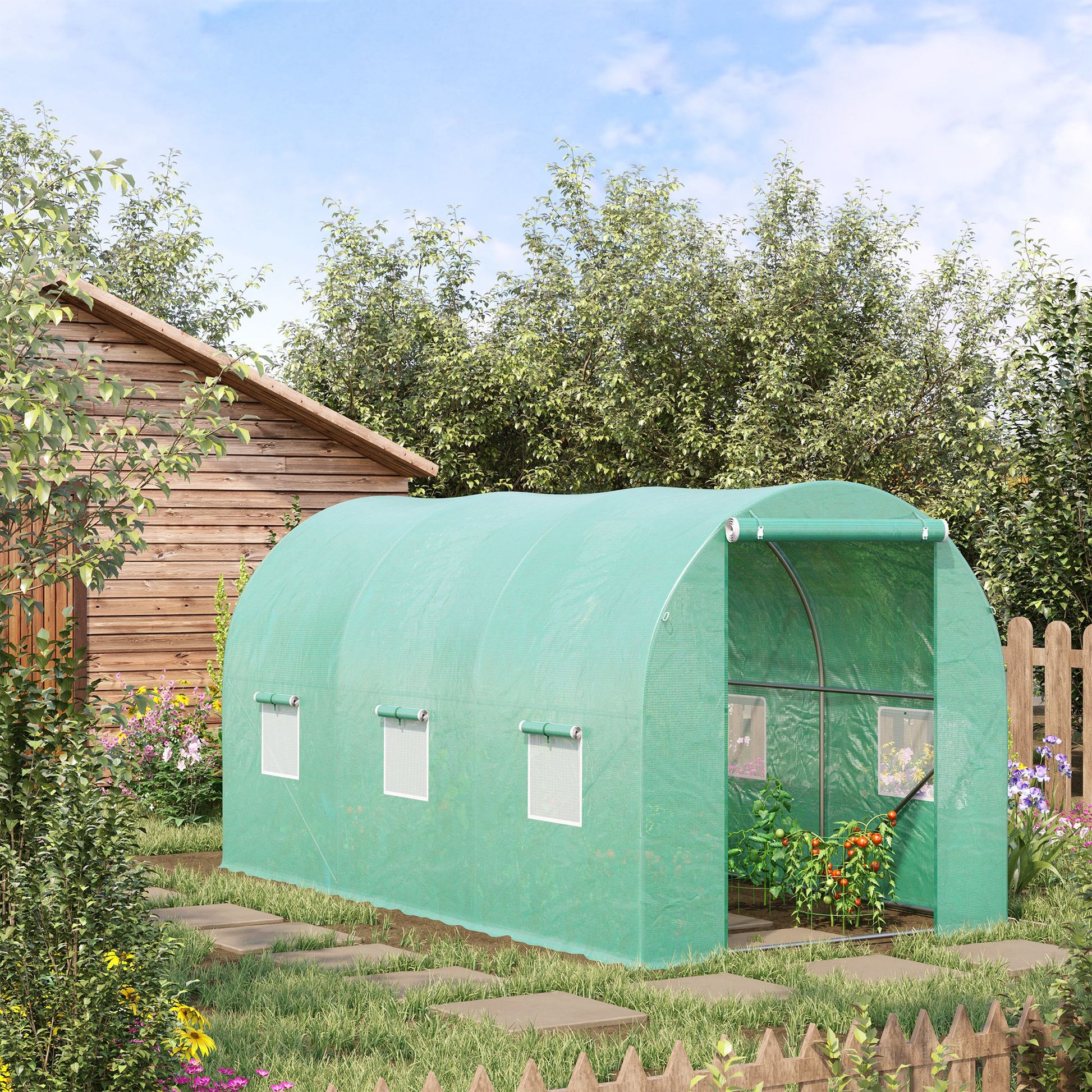 Greenhouse 395x195x190cm Foil Greenhouse Tomato House with Door, 6 Windows, Foil Tunnel made of galvanized steel, PE, stable greenhouse planting tunnel, including ground anchors & ropes