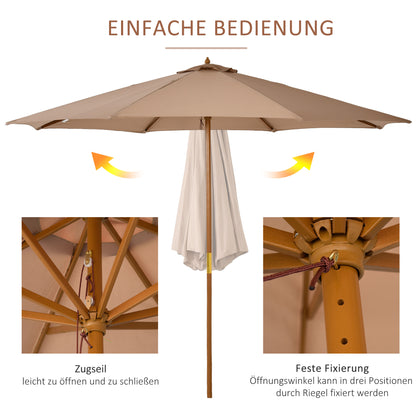 Sun Umbrella Ø 300 cm, Sun Umbrella with UV Protection Balcony Umbrella made of Wood Beach Umbrella Stable Market Umbrella Sun Protection for Beach Terrace Garden, Khaki