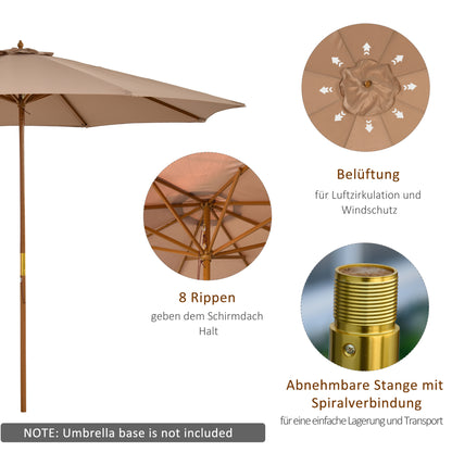 Sun Umbrella Ø 300 cm, Sun Umbrella with UV Protection Balcony Umbrella made of Wood Beach Umbrella Stable Market Umbrella Sun Protection for Beach Terrace Garden, Khaki