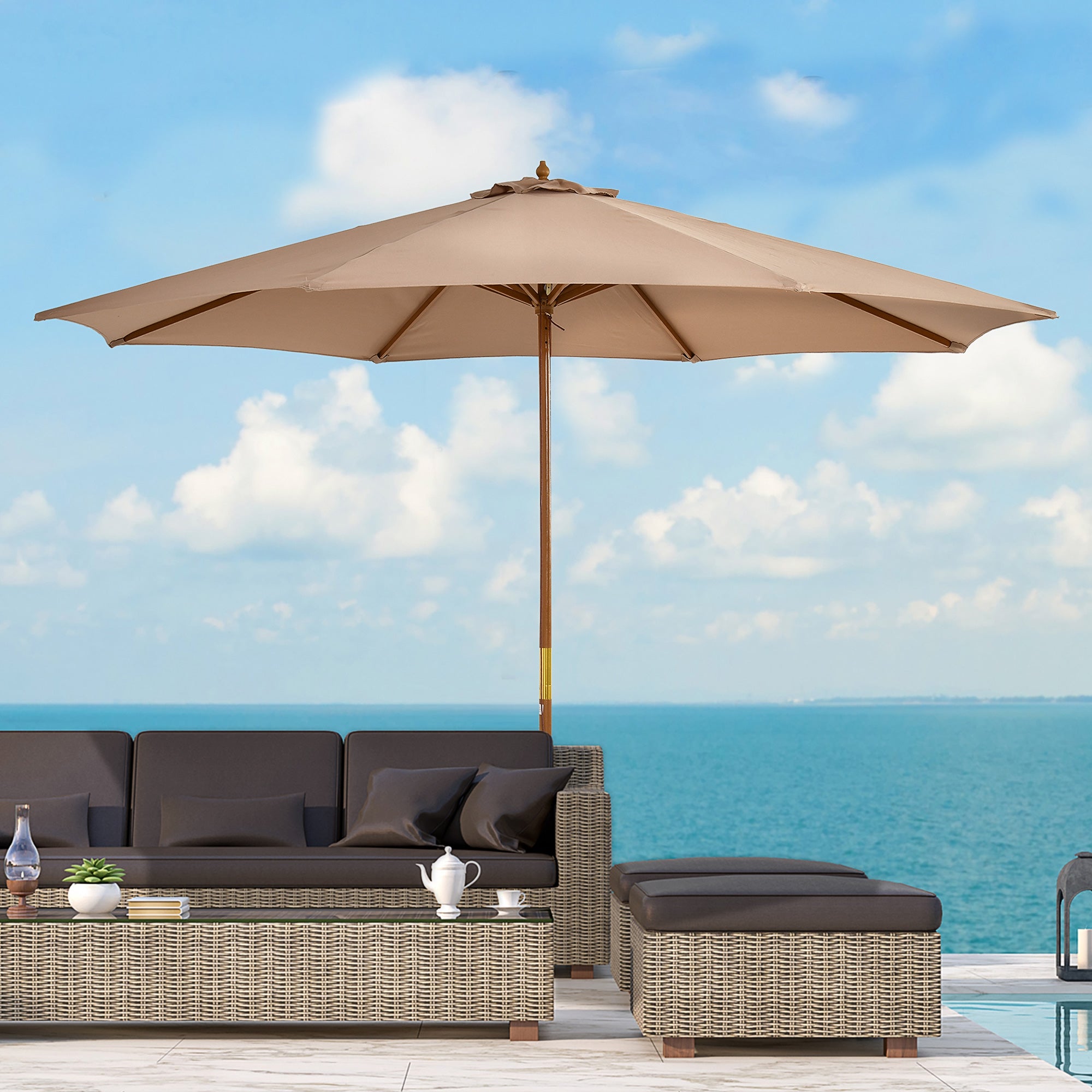 Sun Umbrella Ø 300 cm, Sun Umbrella with UV Protection Balcony Umbrella made of Wood Beach Umbrella Stable Market Umbrella Sun Protection for Beach Terrace Garden, Khaki