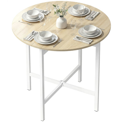 Round Folding Dining Table for 2–4, Space-Saving Drop-Leaf Table with Steel Frame, Natural Wood/White, 31.5" x 31.5" x 29.9"