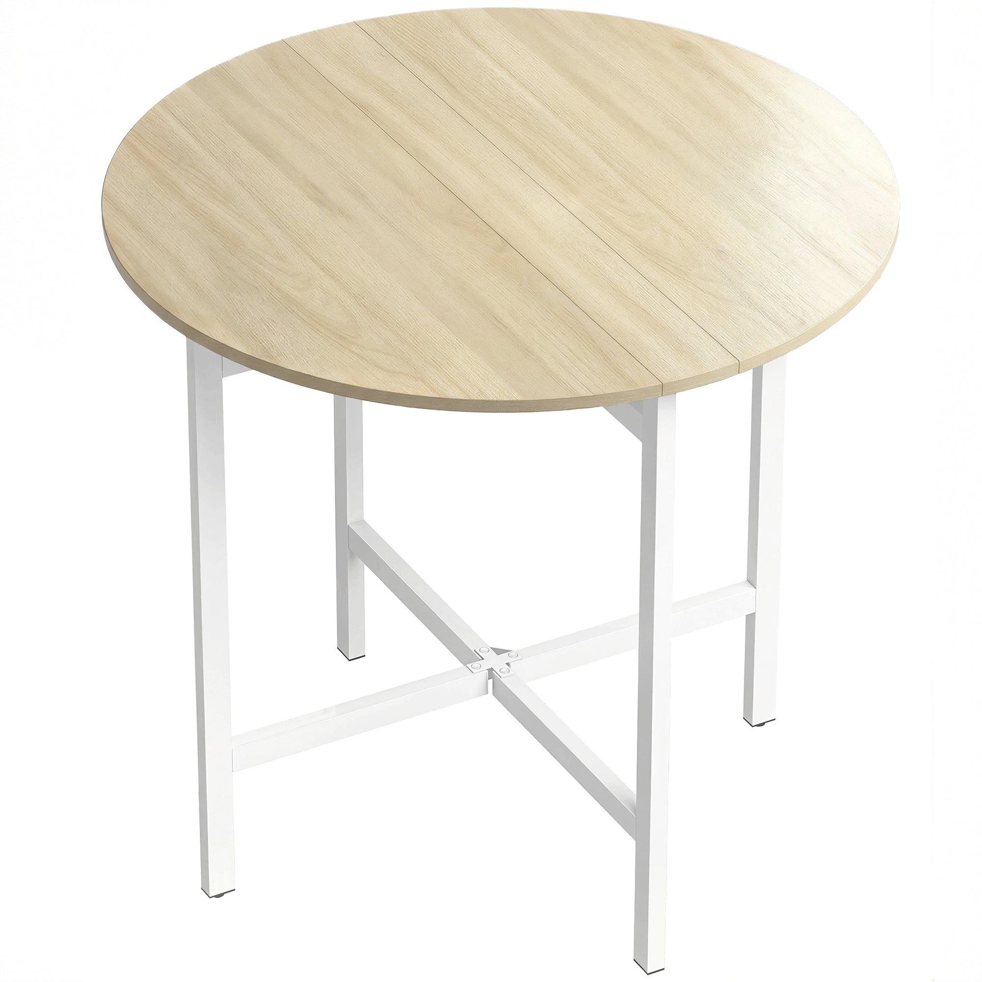 Round Folding Dining Table for 2–4, Space-Saving Drop-Leaf Table with Steel Frame, Natural Wood/White, 31.5" x 31.5" x 29.9"