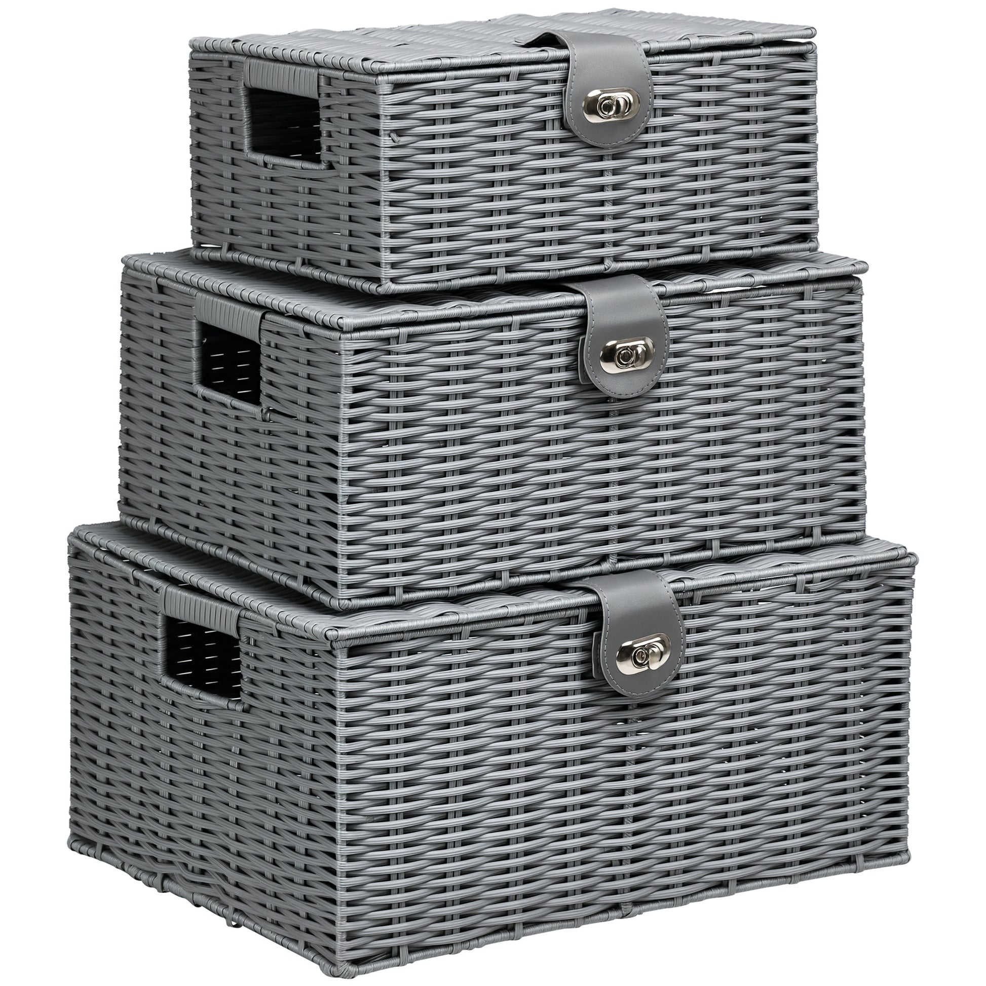 Storage Basket 3-Piece Set Storage Boxes made of Art Rattan with Lid and Buckles, Storage Organizer for Bedroom, Living Room, Gray