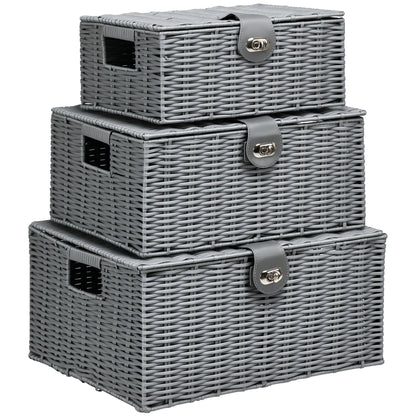 Storage Basket 3-Piece Set Storage Boxes made of Art Rattan with Lid and Buckles, Storage Organizer for Bedroom, Living Room, Gray