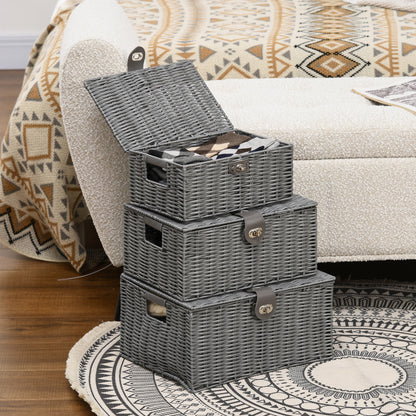 Storage Basket 3-Piece Set Storage Boxes made of Art Rattan with Lid and Buckles, Storage Organizer for Bedroom, Living Room, Gray