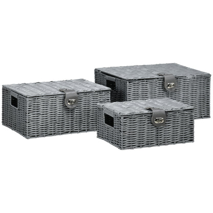 Storage Basket 3-Piece Set Storage Boxes made of Art Rattan with Lid and Buckles, Storage Organizer for Bedroom, Living Room, Gray