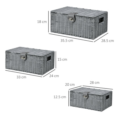 Storage Basket 3-Piece Set Storage Boxes made of Art Rattan with Lid and Buckles, Storage Organizer for Bedroom, Living Room, Gray