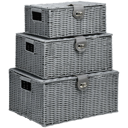 Storage Basket 3-Piece Set Storage Boxes made of Art Rattan with Lid and Buckles, Storage Organizer for Bedroom, Living Room, Gray