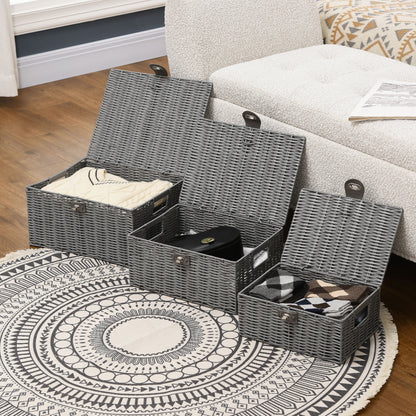 Storage Basket 3-Piece Set Storage Boxes made of Art Rattan with Lid and Buckles, Storage Organizer for Bedroom, Living Room, Gray