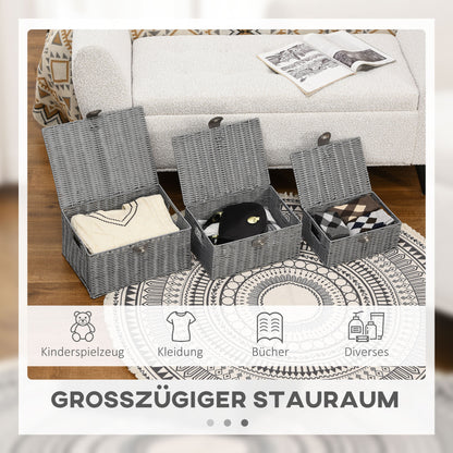 Storage Basket 3-Piece Set Storage Boxes made of Art Rattan with Lid and Buckles, Storage Organizer for Bedroom, Living Room, Gray