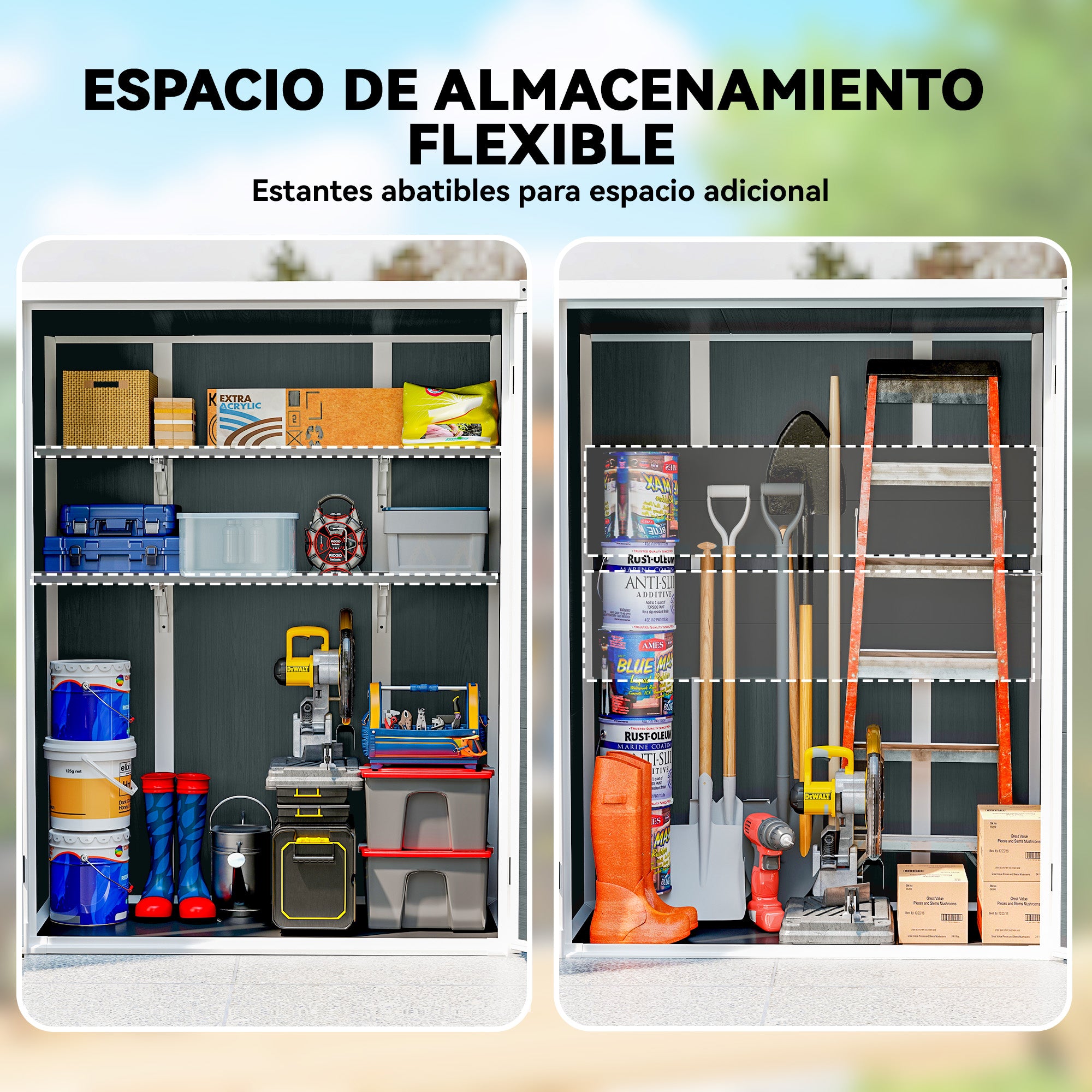 Outdoor Garden Shed, 0.81 m² (8.7 sq ft) — 134 x 68.5 x 170 cm (52.8" x 27.0" x 66.9"), Plastic Shed with Integrated Floor, 2 Folding Shelves, Double Doors with Lock, Gray Wood Effect