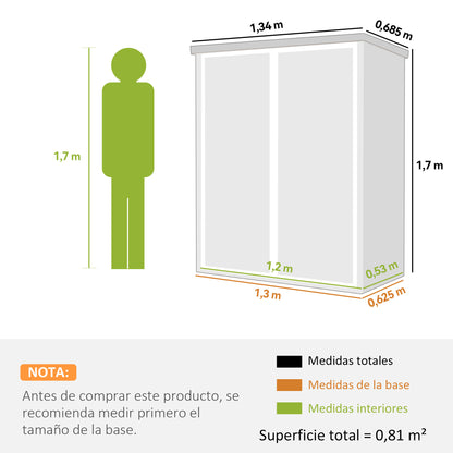 Outdoor Garden Shed, 0.81 m² (8.7 sq ft) — 134 x 68.5 x 170 cm (52.8" x 27.0" x 66.9"), Plastic Shed with Integrated Floor, 2 Folding Shelves, Double Doors with Lock, Gray Wood Effect